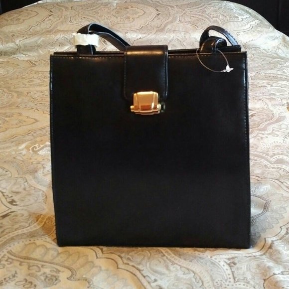 NEW Elegant Black Faux Leather Shoulder/Cross-Body Bag, Gold-tone Clasp - Picture 2 of 11